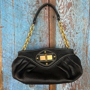MAXX NEW YORK Black Pebble Leather Handbag With Gold Chain & Turn Clasp